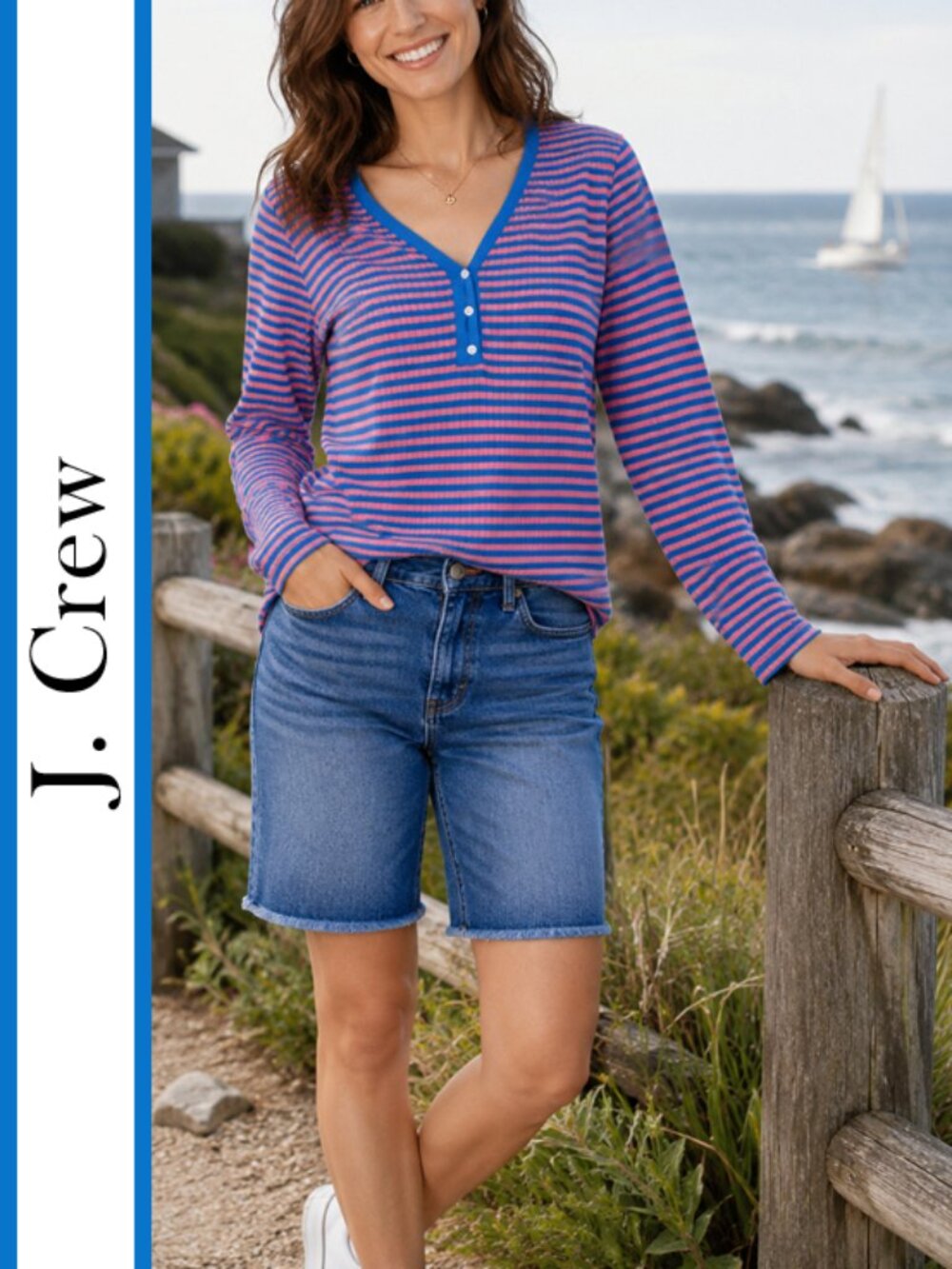 J. Crew | Contrast Striped Ribbed Henley Top
